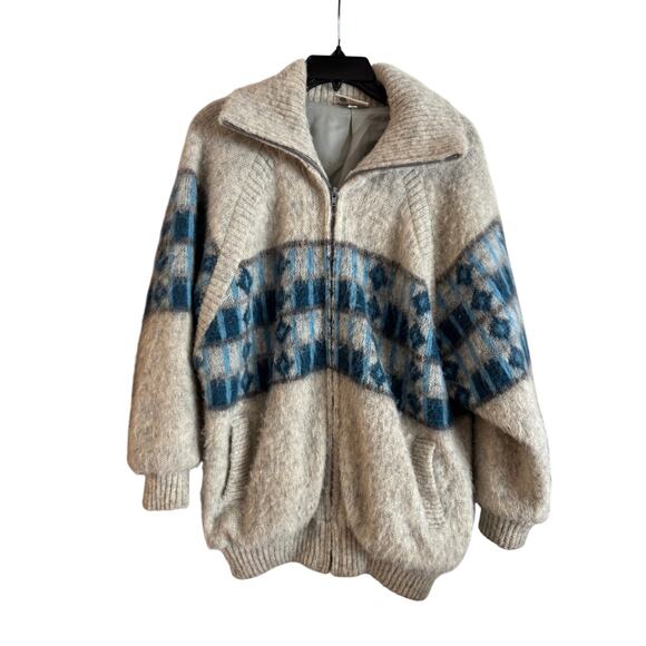 Samband of Iceland Womens Wool Fair Isle Sweater Cardigan M Gray Nordic Zip Up - Picture 1 of 8